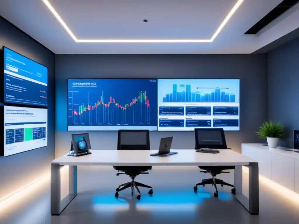 Oficina futurista con tecnología avanzada y ambiente profesional Un espacio de oficina futurista y eficiente con tecnología avanzada y diseño minimalista en tonos plateados, blancos y azules