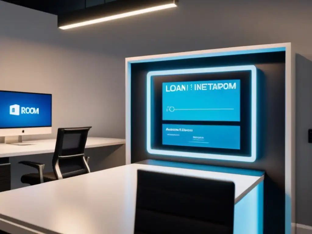 Oficina futurista con estaciones de aprobación de préstamos automatizadas Un espacio de oficina futurista y moderno con estaciones automatizadas para la aprobación de préstamos