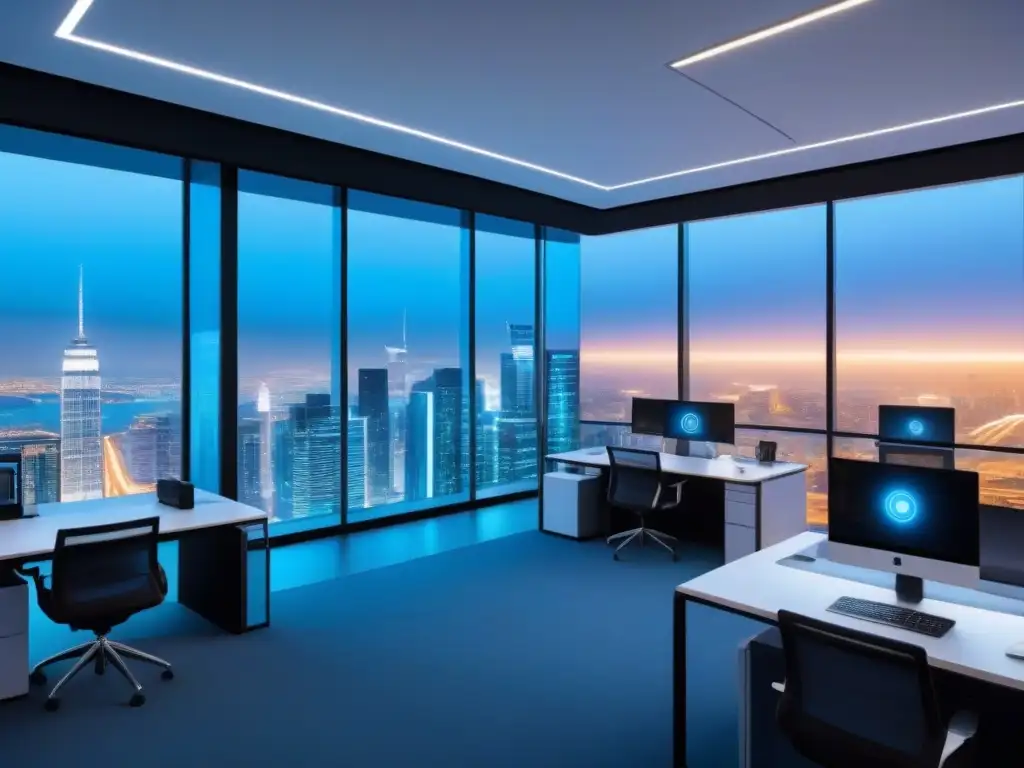 Oficina futurista con tecnología avanzada en edificio de altura Un espacio de oficina futurista en un rascacielos con tecnología de vanguardia para el cumplimiento normativo del sector inmobiliario
