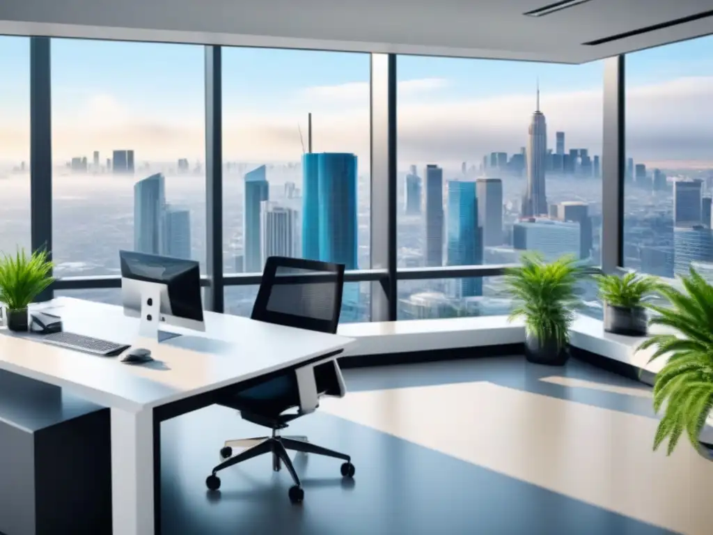 Oficina futurista de lujo: diseño innovador para la gestión inmobiliaria Un espacio de oficina futurista y sofisticado con vista a la ciudad