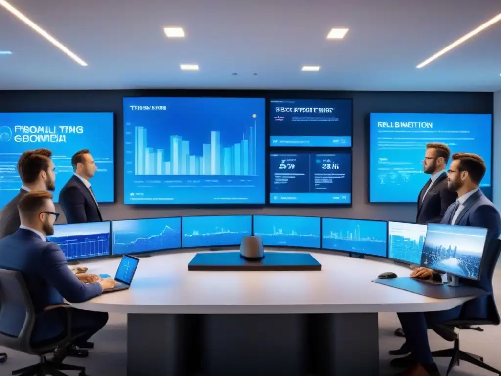 Oficina futurista Proptech: real estate y tecnología Un espacio de oficina futurista con tecnología Proptech para gestión inmobiliaria financiera