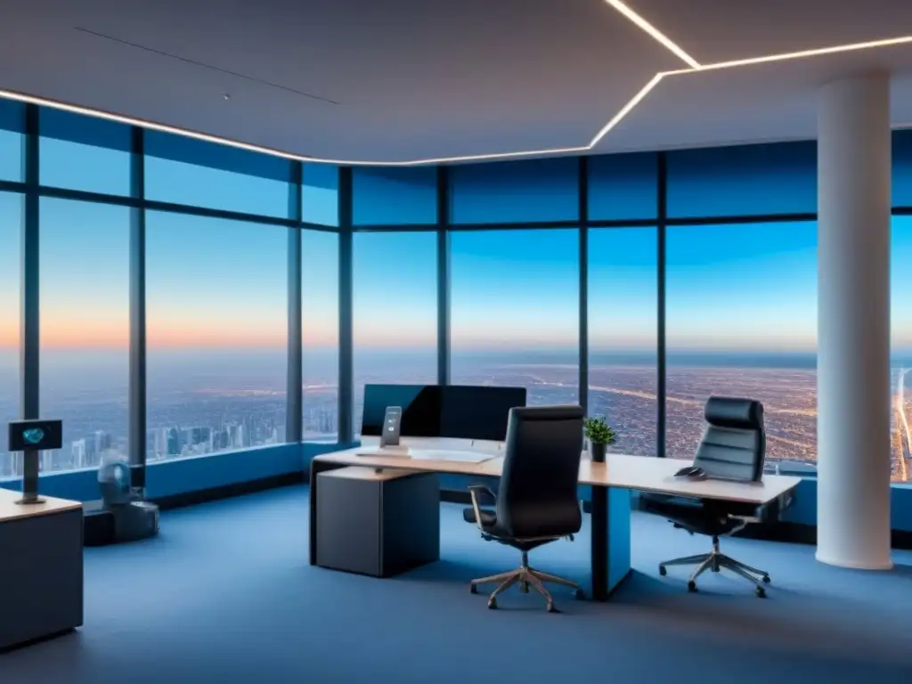 Oficina futurista con tecnología de vanguardia y vistas panorámicas Un espacio de oficina futurista con tecnología de vanguardia y vistas a la ciudad