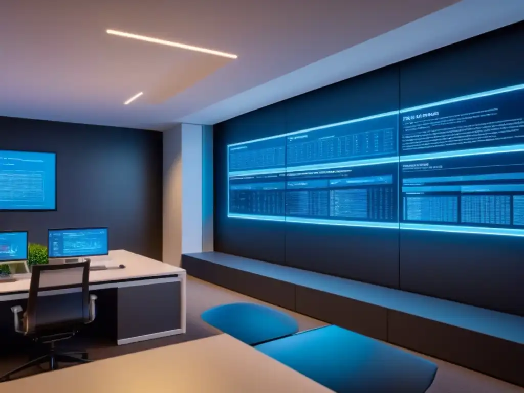 Oficina futurista con tecnología avanzada para análisis legal inmobiliario Un espacio de oficina futurista con tecnología avanzada y herramientas de visualización de datos para el cumplimiento de normativas inmobiliarias