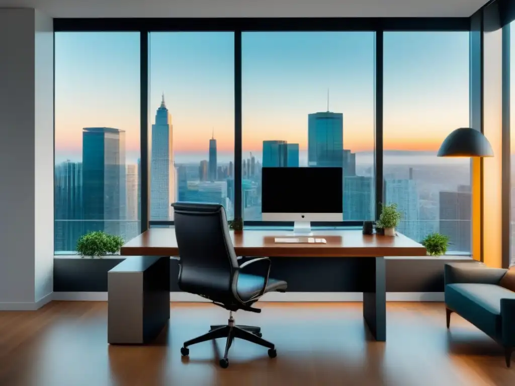Oficina moderna de alto nivel con vista panorámica de la ciudad Un espacio de oficina moderno y elegante con vistas a la ciudad