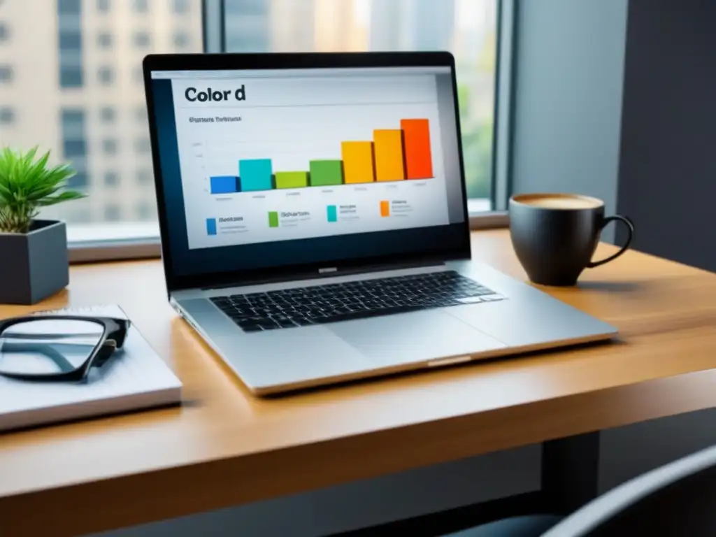 Oficina moderna para planificación fiscal en bienes raíces Un espacio de oficina moderno con laptop, gráficos financieros, café, planta y lentes
