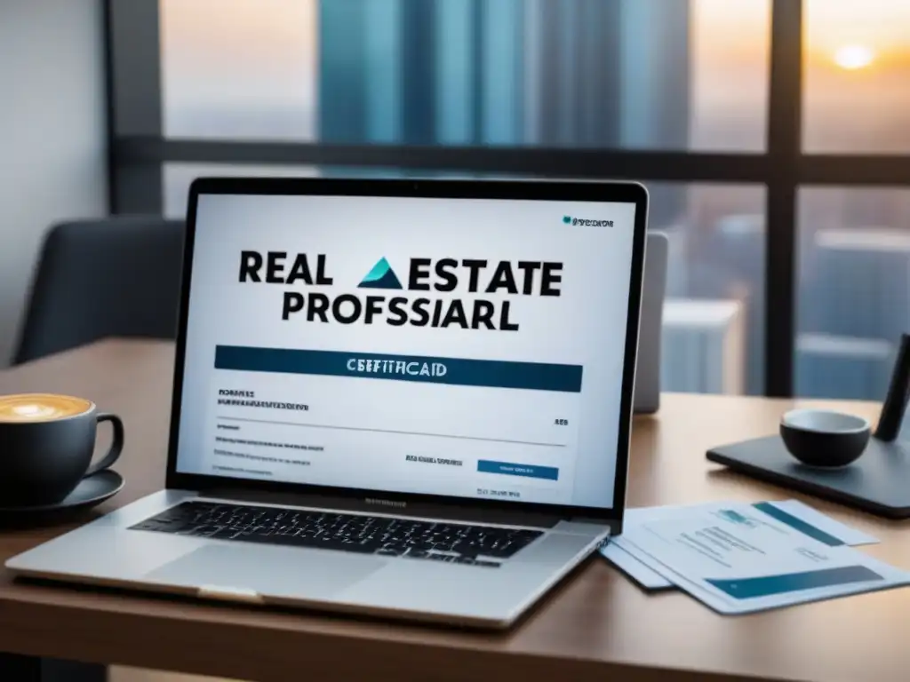 Oficina moderna con certificaciones inmobiliarias Un espacio de oficina moderno con libros de certificaciones de bienes raíces, laptop y tarjeta profesional