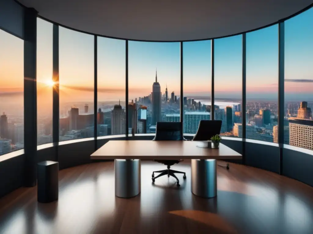 Oficina moderna de lujo: gerente profesional y diversidad de clientes Espacio de oficina moderno y lujoso con mobiliario minimalista, ventanas amplias vista ciudad, manager inmobiliario y clientes