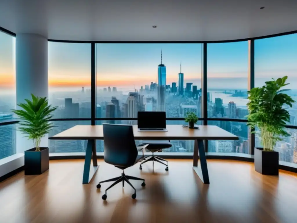 Oficina moderna de lujo con vista panorámica a la ciudad Un espacio de oficina moderno y lujoso con vista a la ciudad, muebles contemporáneos y gráficos financieros en pantallas de alta tecnología