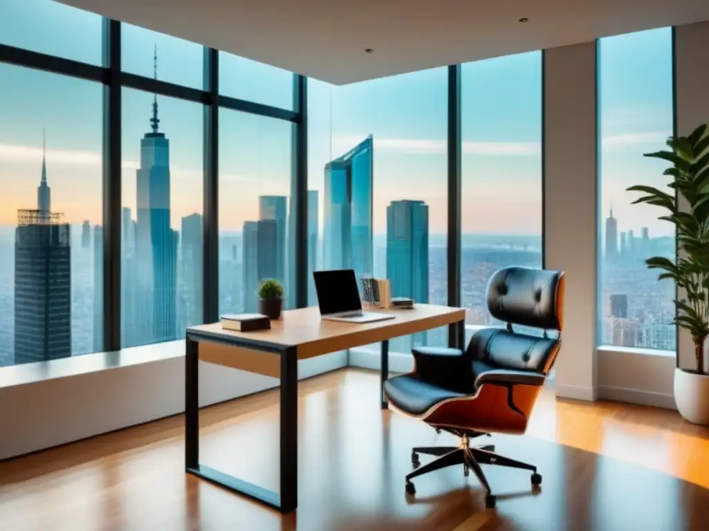 Oficina de lujo con vista a la ciudad para estudiar finanzas Un espacio de oficina moderno y lujoso con vista a la ciudad