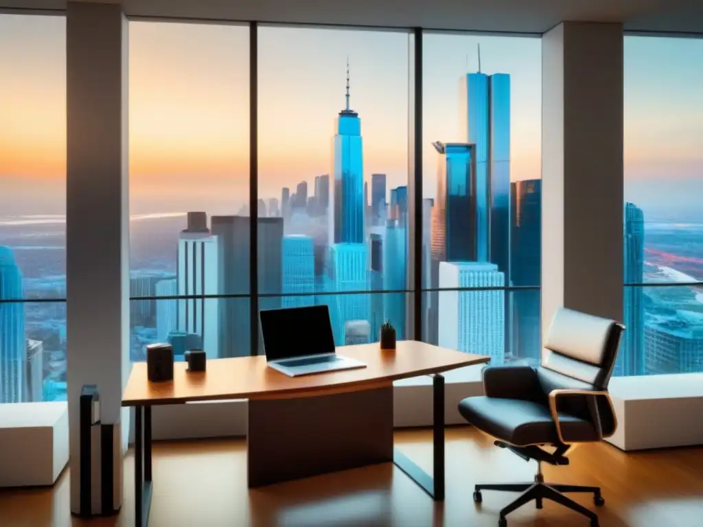 Un espacio de oficina moderno y lujoso con tecnología de alta gama y una vista panorámica de la ciudad