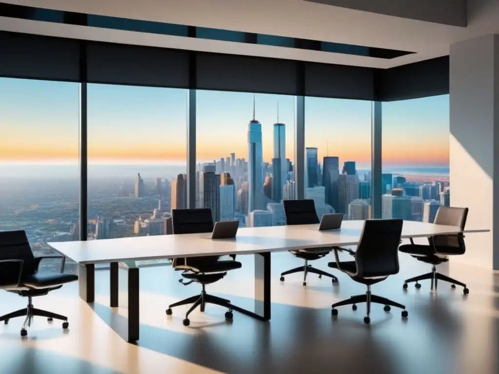 Un espacio de oficina moderno con una mesa de vidrio rodeada de sillas ergonómicas, bañado por luz natural y una vista panorámica de la ciudad