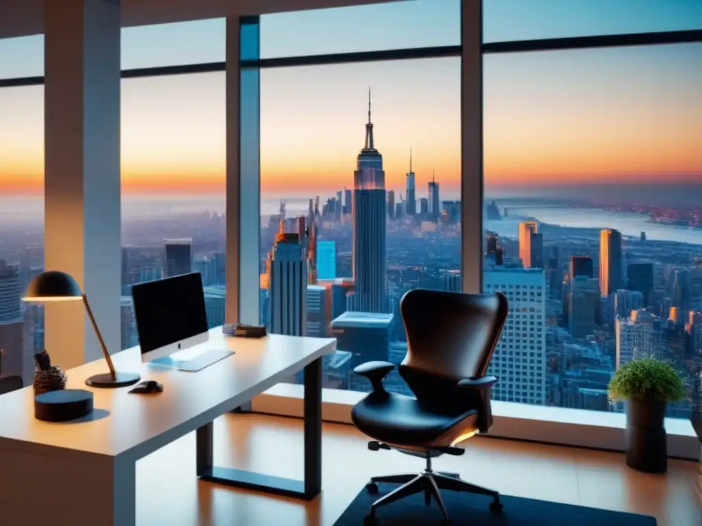 Oficina moderna con vista panorámica a la ciudad: elegancia y sofisticación Un espacio de oficina moderno con vista panorámica a la ciudad