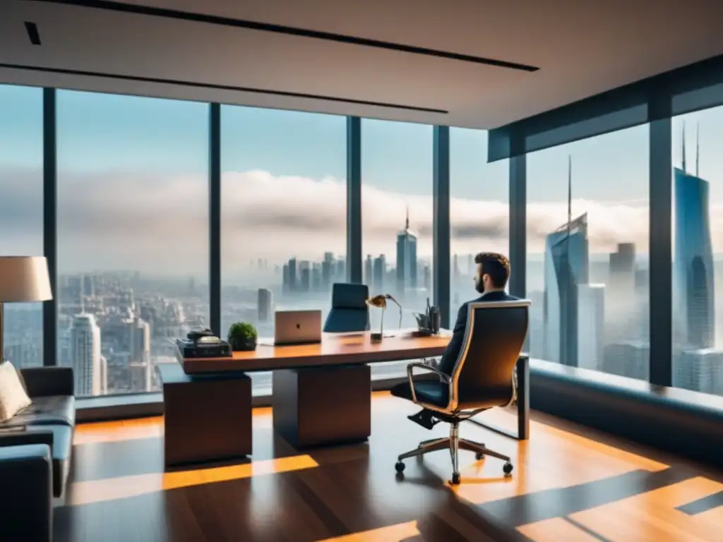 Oficina minimalista con vista panorámica en ciudad Espacio de oficina moderno con vista panorámica de la ciudad, ideal para negocios en Sociedades para propiedad inmuebles