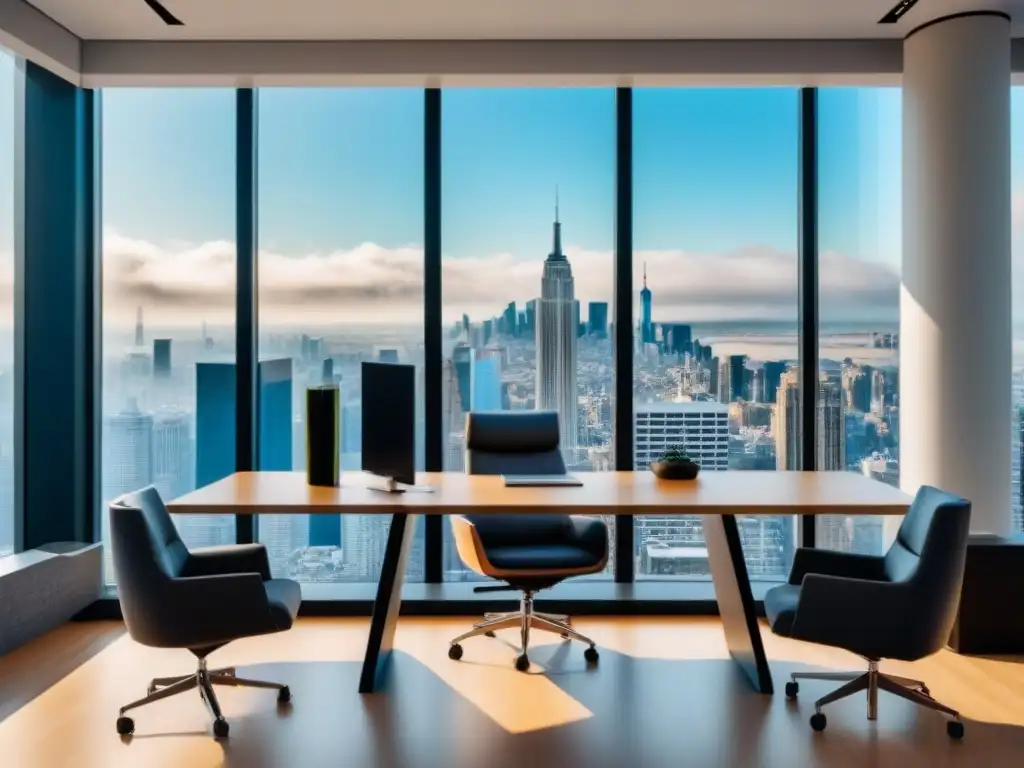 Oficina moderna con vista panorámica: certificación de tasadores Un espacio de oficina moderno con vista panorámica a la ciudad, diseño minimalista y tonos neutros