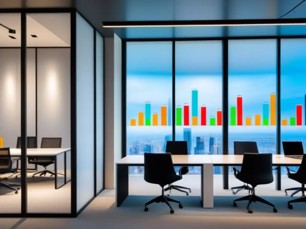 Oficina moderna y dinámica para inversores inmobiliarios Un espacio de oficina vibrante y moderno con profesionales en trajes de negocios, discutiendo frente a una pantalla digital con gráficos financieros