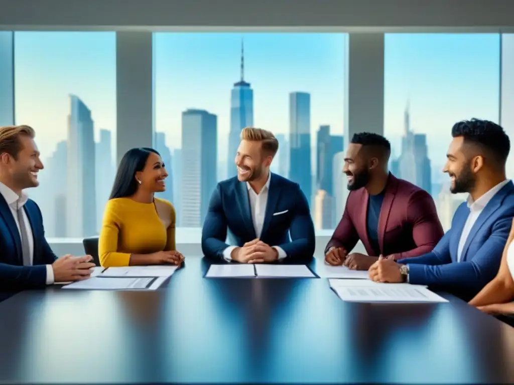 Reunión inclusiva: diversidad financiera en la inmobiliaria Un espacio de reunión inclusivo y moderno donde minorías sonríen mientras discuten documentos financieros