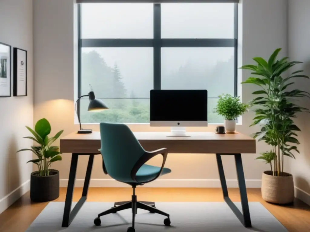 Oficina en casa minimalista para equilibrio emocional 'Espacio de trabajo en casa sereno y acogedor, con escritorio minimalista, silla ergonómica y toques de naturaleza