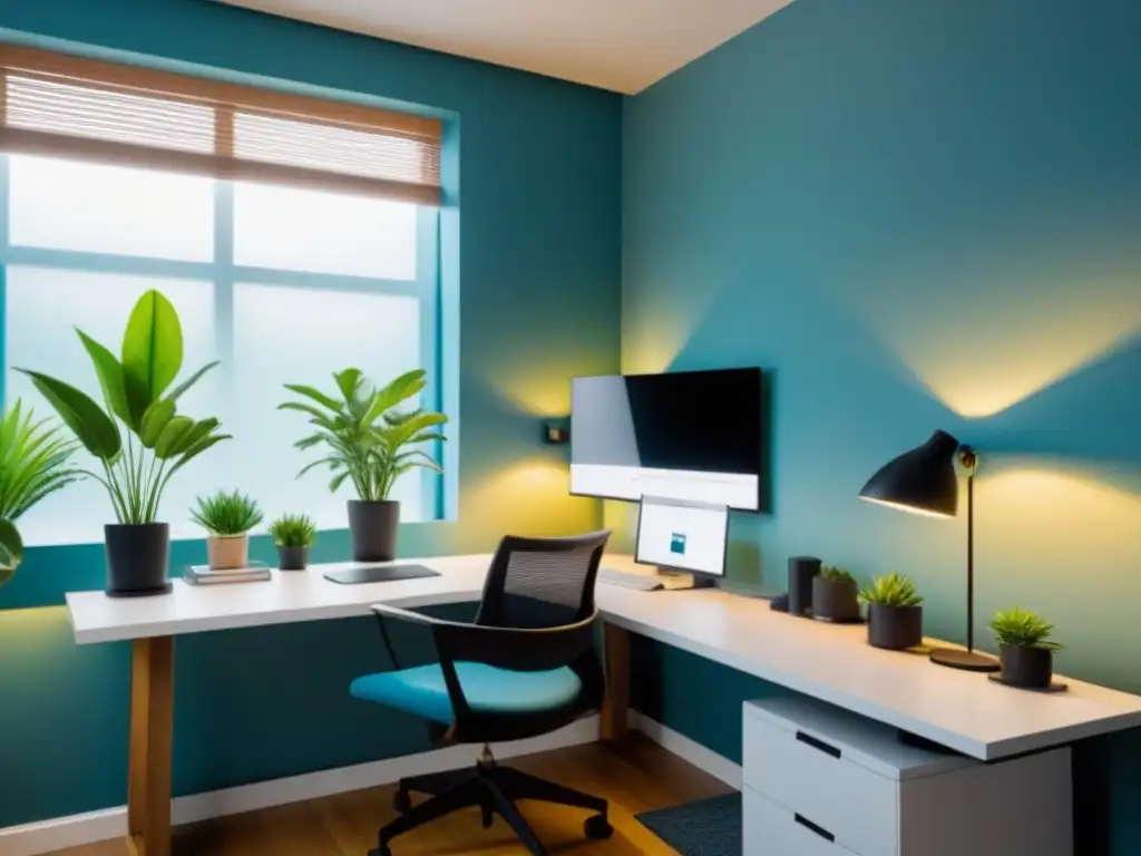 Oficina en casa minimalista y serena con plantas y luz natural Un espacio de trabajo minimalista y sereno en casa con plantas, luz natural y tonos relajantes para promover la salud mental en el hogar