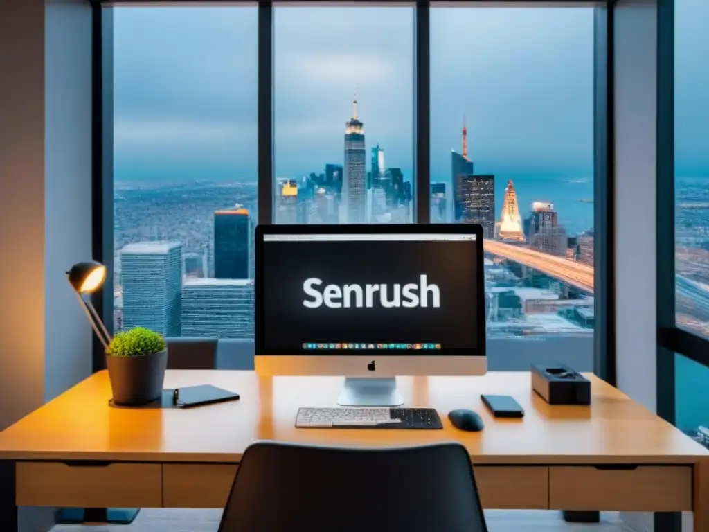 Oficina SEO moderna con vista a la ciudad Un espacio de trabajo moderno en una agencia de marketing digital con vistas a la ciudad y herramientas de SEO para afiliados inmobiliarios