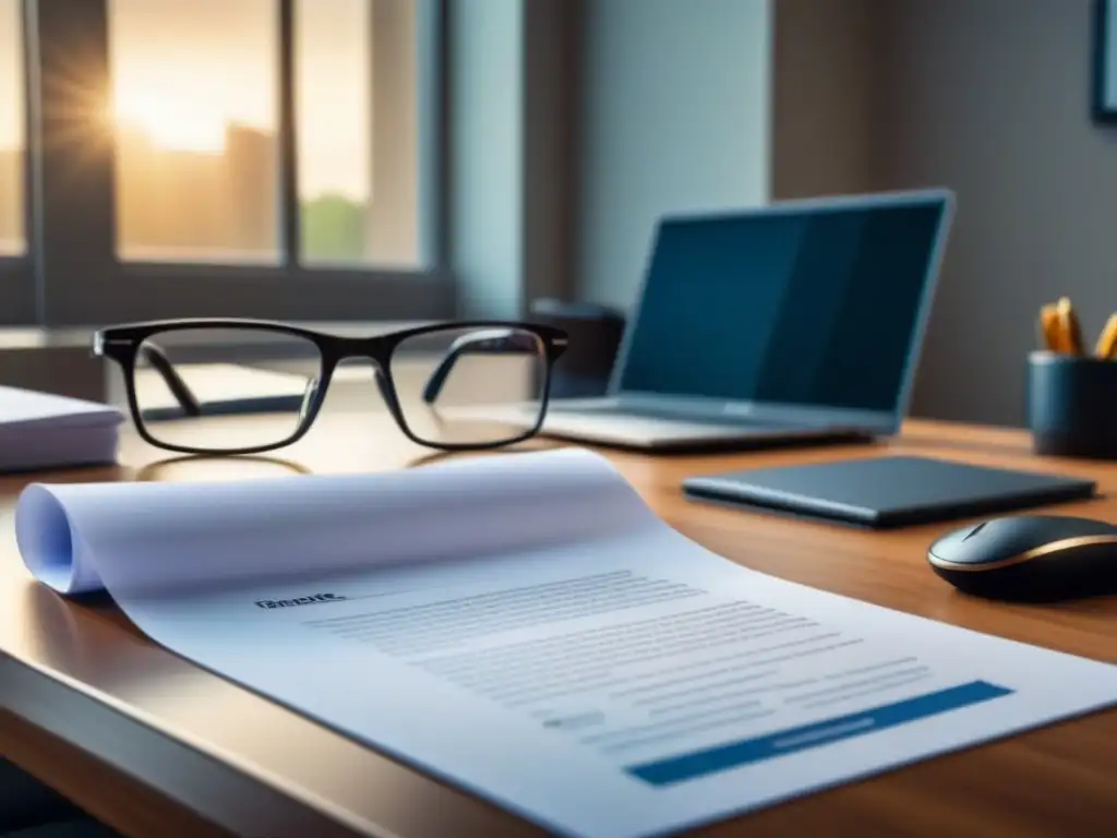 Oficina legal moderna: contrato inmobiliario y precisión Espacio de trabajo moderno con documentos legales, contrato en pantalla de laptop y luz natural