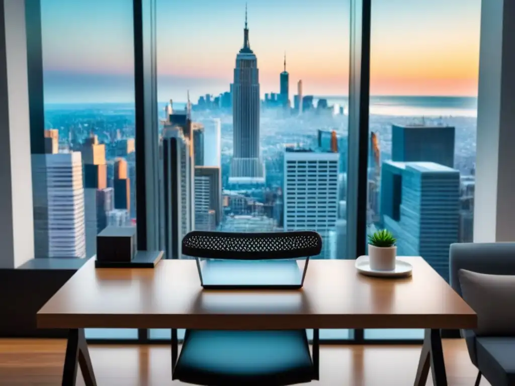 Un espacio de trabajo moderno con un escritorio elegante, laptop de alta gama y vista panorámica a la ciudad