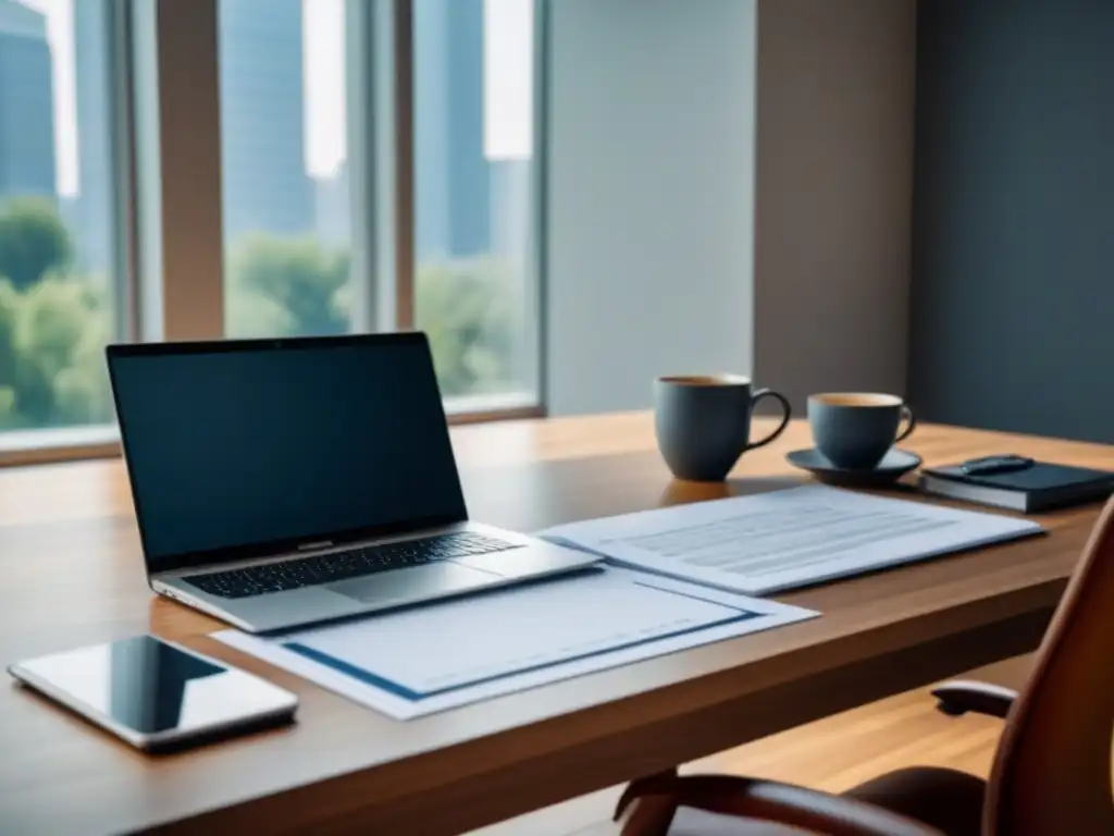Oficina moderna: planificación financiera y arquitectónica para autónomos Un espacio de trabajo moderno con laptop, calculadora y planos, ideal para financiamiento inmobiliario trabajadores independientes
