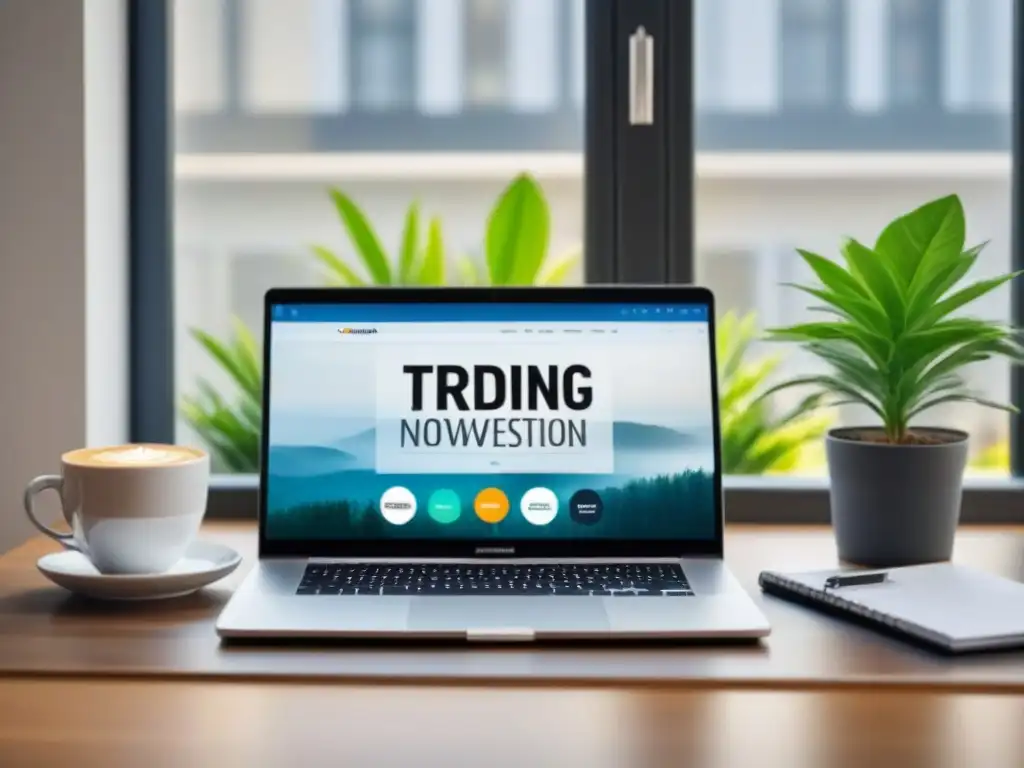 Oficina moderna con estrategias SEO y café Un espacio de trabajo moderno con laptop, notas de SEO, café y planta, junto a una ventana brillante