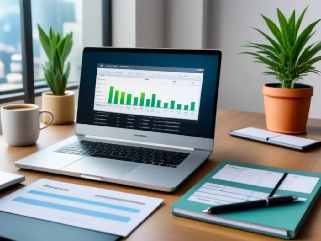 Oficina moderna: inversiones inmobiliarias con interés fijo Un espacio de trabajo moderno con una laptop y cálculos de inversión inmobiliaria, un bolígrafo profesional, café y una planta en maceta elegante