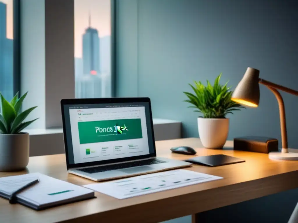 Oficina profesional: evita errores en financiamiento inmobiliario Un espacio de trabajo moderno con laptop y planta, ideal para evitar errores en financiamiento inmobiliario