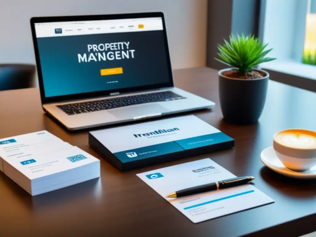 Oficina moderna con laptop para inversión inmobiliaria Un espacio de trabajo moderno con la mejor aplicación de gestión inmobiliaria en pantalla, elementos elegantes y profesionalismo