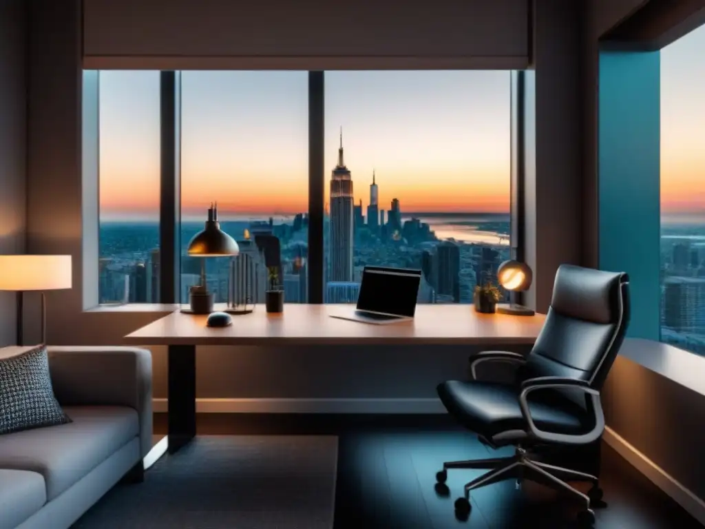 Oficina en casa moderna con vista a la ciudad al atardecer Espacio de trabajo moderno con silla ergonómica, escritorio minimalista, laptop, lámpara elegante y ventana con vista a la ciudad al anochecer