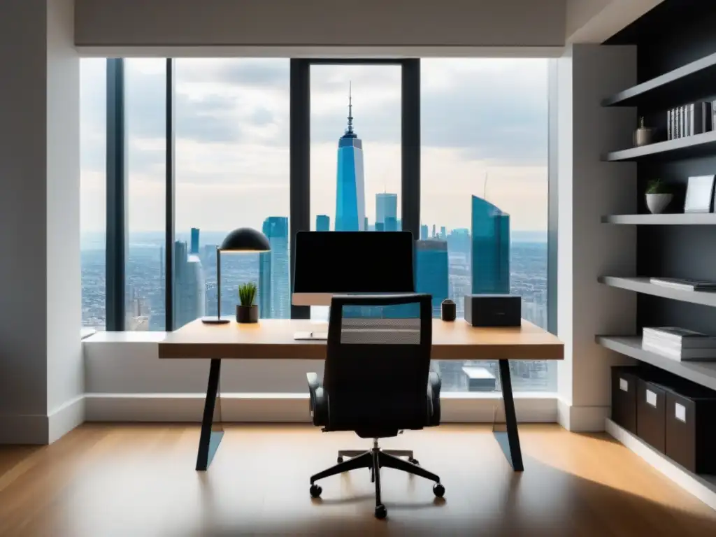 Oficina moderna con vista panorámica a la ciudad Un espacio de trabajo moderno con vista a la ciudad, ideal para aprender sobre finanzas inmobiliarias a través de blogs