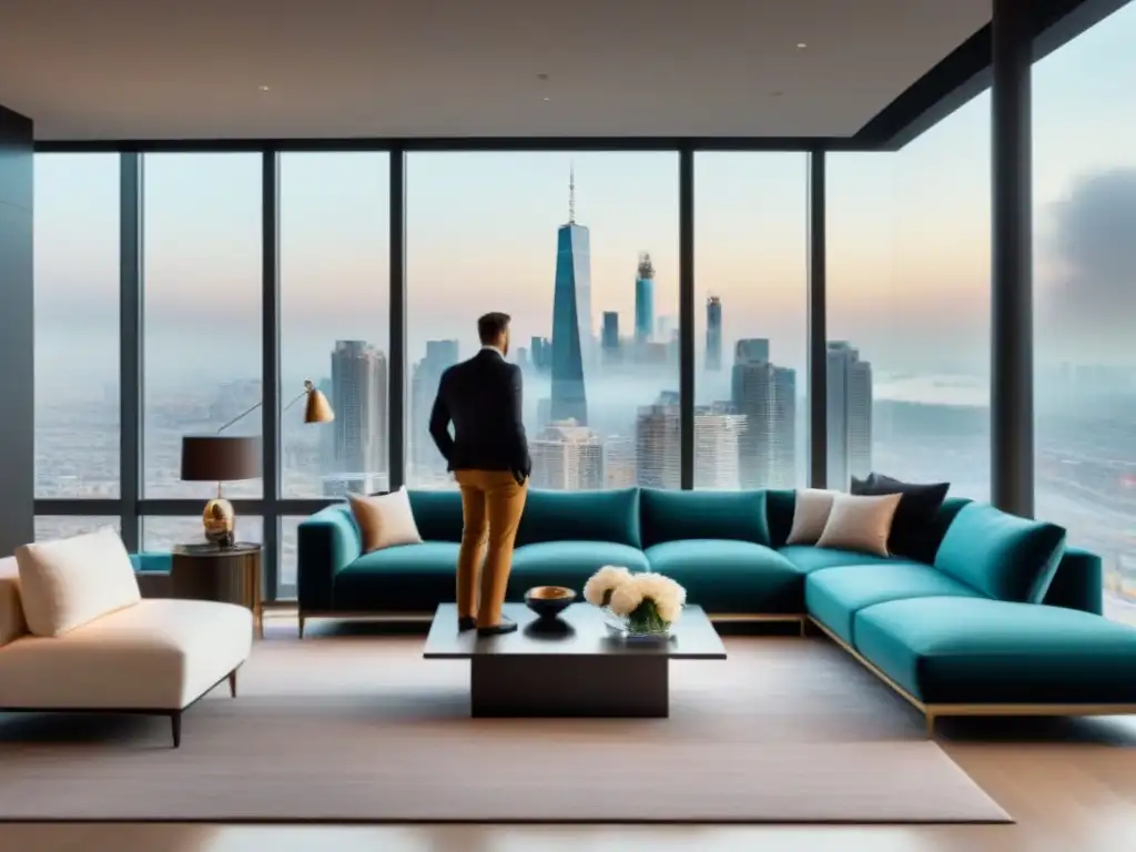 Salón moderno de lujo con vista panorámica a la ciudad Espacio de vida lujoso y moderno con vista panorámica urbana
