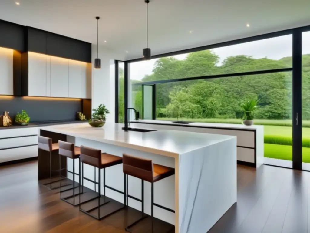 Cocina moderna de lujo con diseño elegante y luminoso Espaciosa cocina moderna en casa nueva con electrodomésticos de acero inoxidable y encimeras de mármol, diseño elegante y mucha luz natural