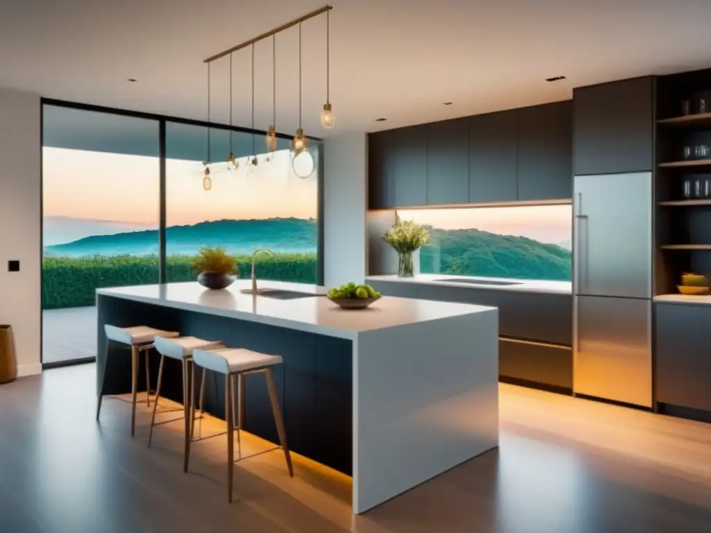 Moderna cocina de lujo con isla y electrodomésticos de acero inoxidable Espaciosa cocina moderna con elegante isla, electrodomésticos de acero inoxidable y luz natural