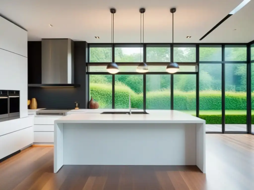 Renovación de cocina moderna y luminosa con isla de cuarzo Espaciosa cocina moderna con isla y ventanales, ideal para cocinar y socializar