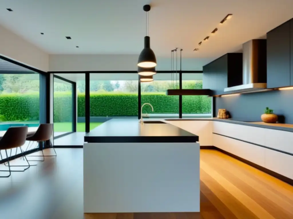 Cocina moderna de lujo con isla y ventanales al jardín Espaciosa cocina moderna con luz natural y toques de verde, ideal para compradores inmobiliarios exigentes