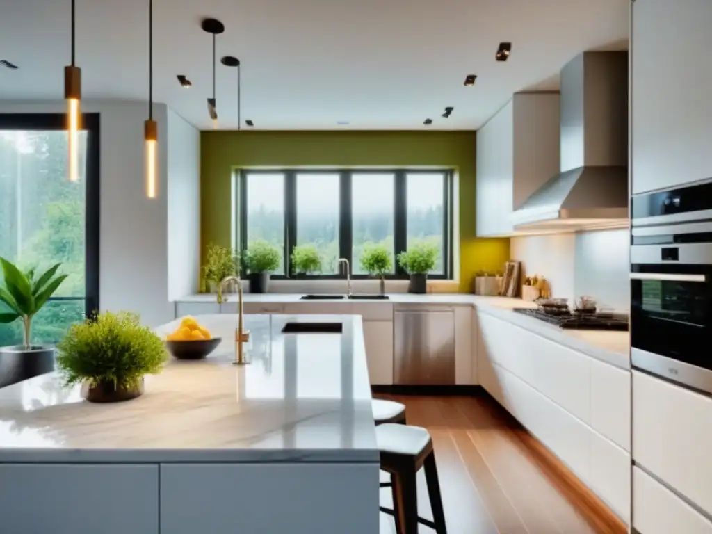 Cocina moderna y elegante con isla y luz natural Espaciosa cocina renovada con gabinetes blancos, encimeras de mármol y Préstamos FHA 203(k) para renovación