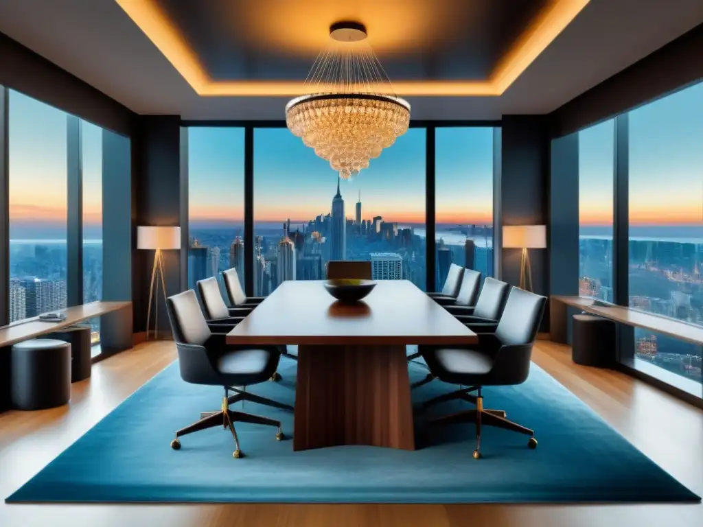 Salón de negociación de lujo con vista a la ciudad en 8k Espaciosa sala de negociación de precios de propiedades de lujo con decoración sofisticada y vistas a la ciudad