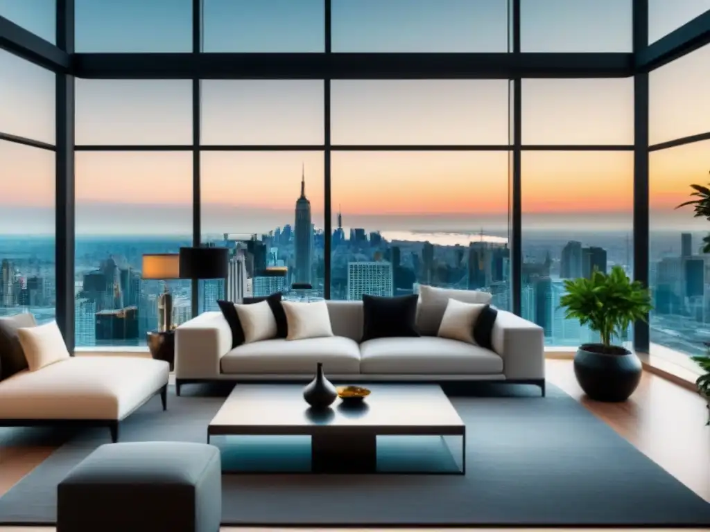 Penthouse de lujo con vista panorámica y elegante decoración Espacioso salón de lujo con vista panorámica a la ciudad, mobiliario elegante y toques de verde