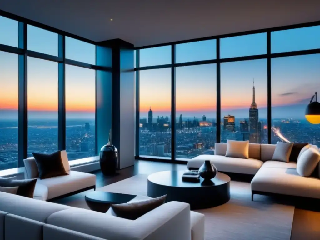 Salón de lujo en penthouse con vista a la ciudad: sofisticación y elegancia Espacioso salón de lujo con vistas a la ciudad, mobiliario contemporáneo y decoración elegante en tonos neutros y toques metálicos