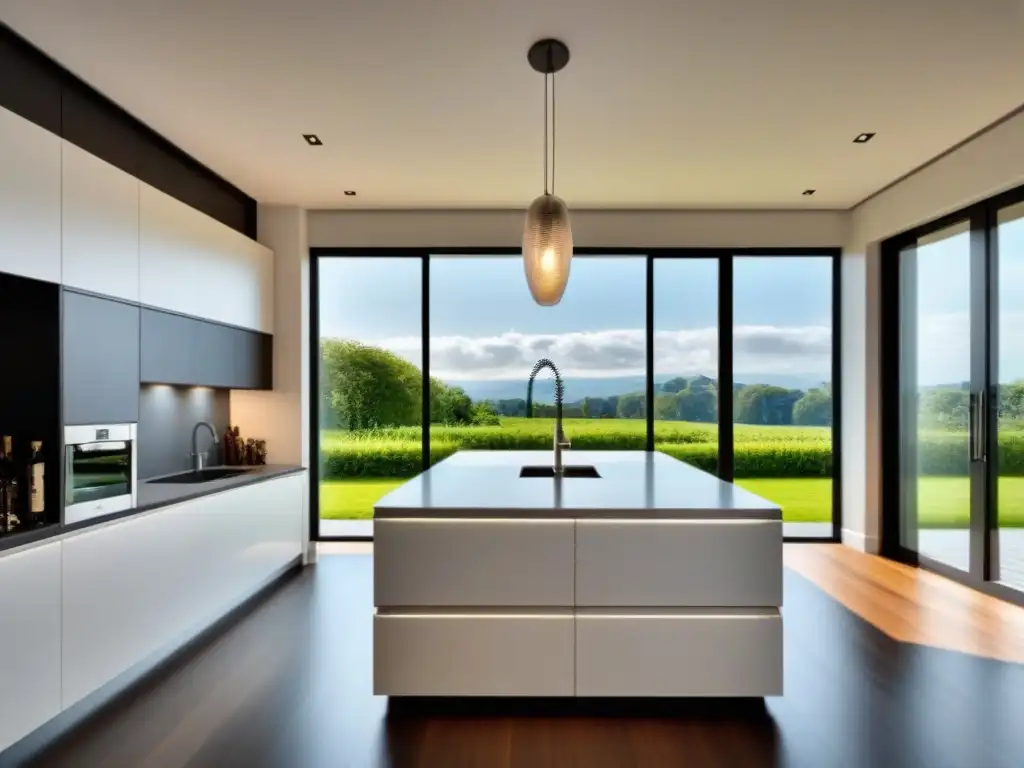 Cocina moderna de lujo con isla y bodega integrada Un espacioso y lujoso ambiente de cocina moderna con detalles elegantes y luminosidad natural