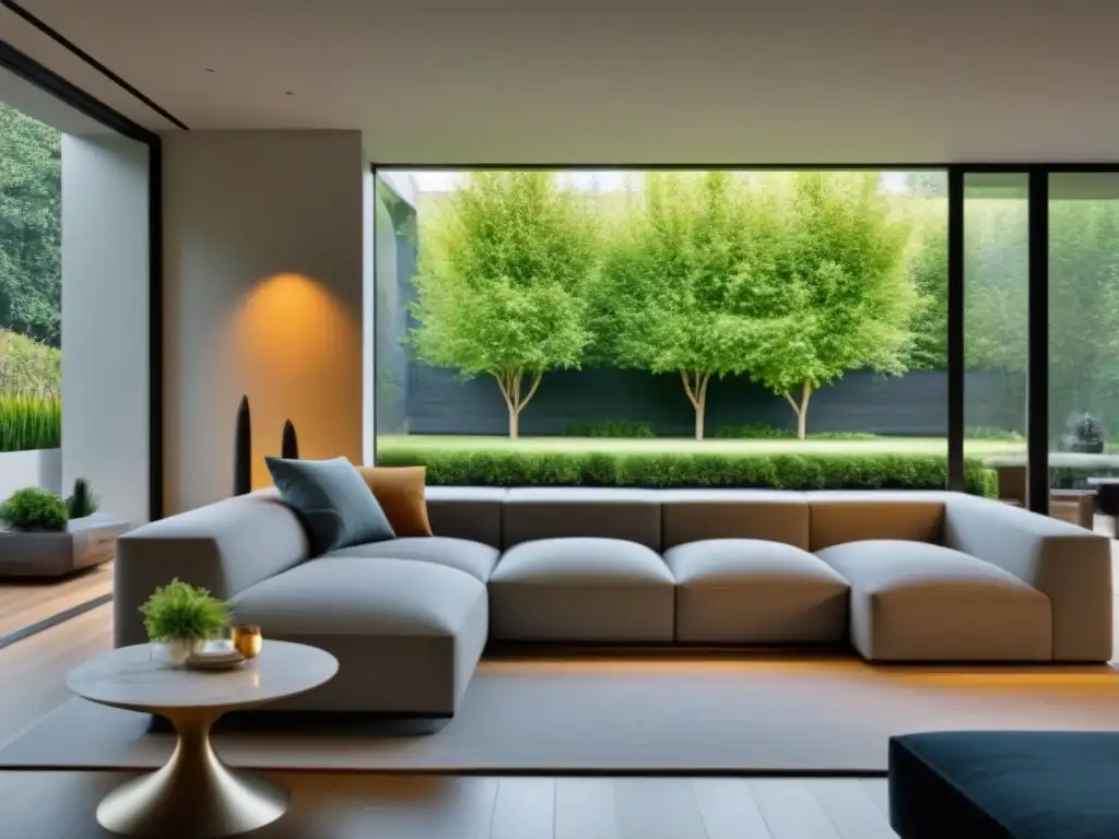 Diseño moderno y acogedor de sala de estar en casa contemporánea Espacioso salón de diseño moderno con jardín, isla de cocina de mármol y mobiliario minimalista, iluminación cálida