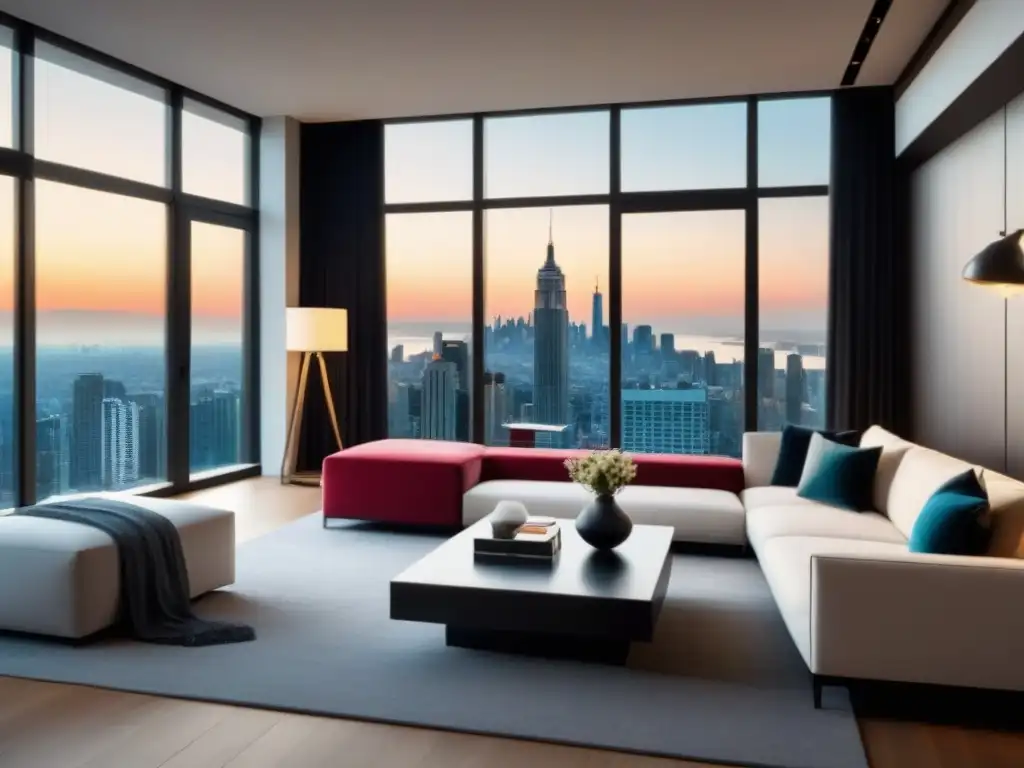 Sala de estar de lujo con vista a la ciudad Espacioso salón moderno con mobiliario elegante y vistas a la ciudad