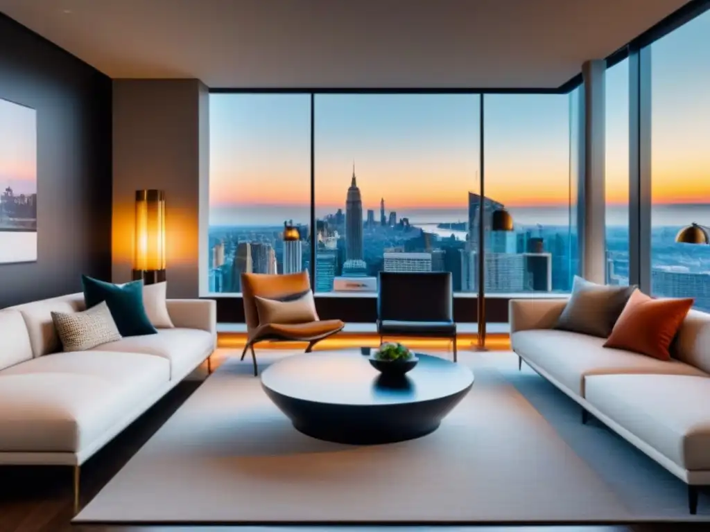 Salón de lujo con vista panorámica en propiedad de alta gama Espacioso salón moderno en propiedad de lujo, con ventanales panorámicos y elegante mobiliario