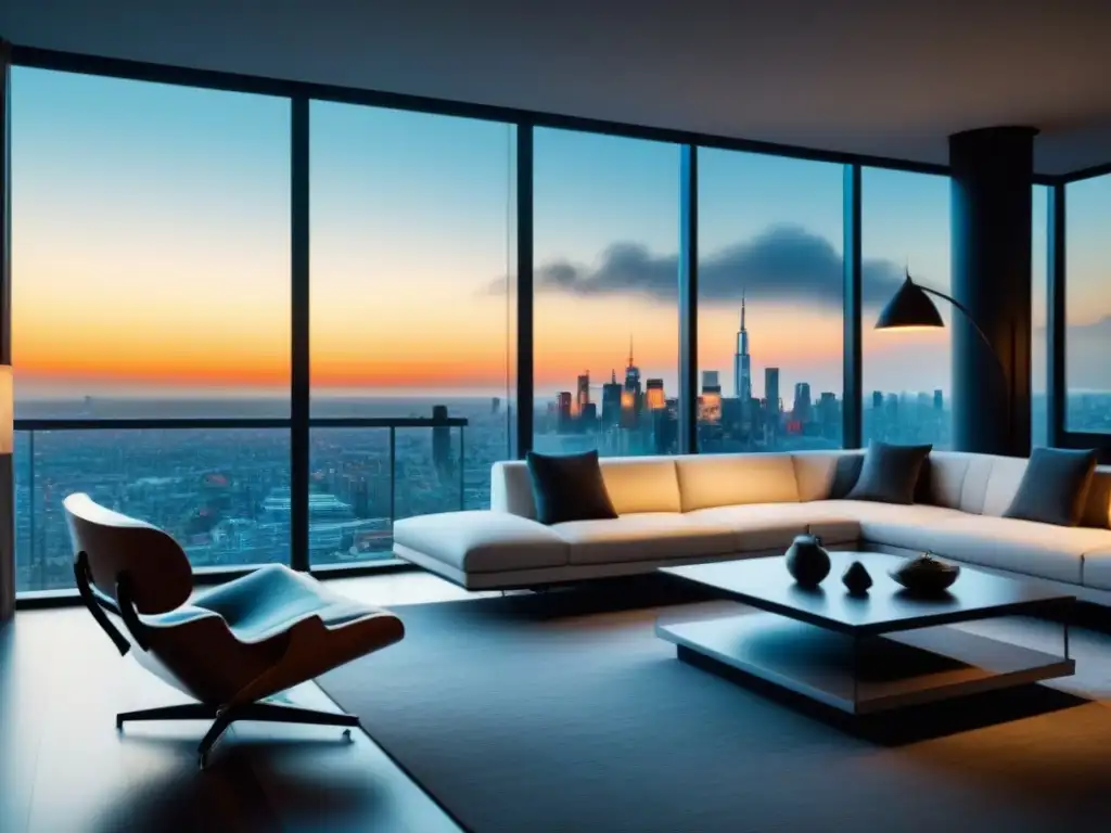 Salón moderno y lujoso con vista panorámica en apartamento de lujo Espacioso salón moderno en rascacielos con vista a la ciudad