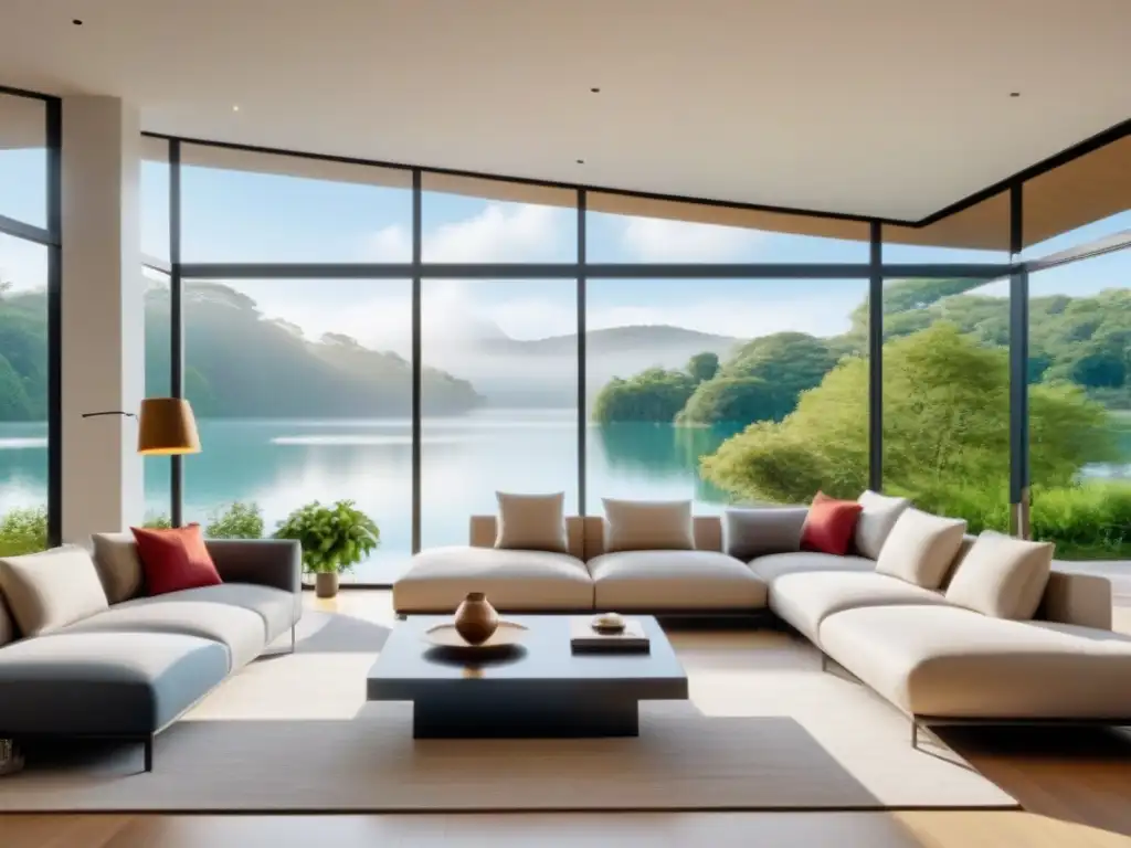 Salón moderno con vista al lago en segunda residencia Espacioso salón moderno en segunda vivienda con vista al lago, muebles elegantes y ambiente acogedor
