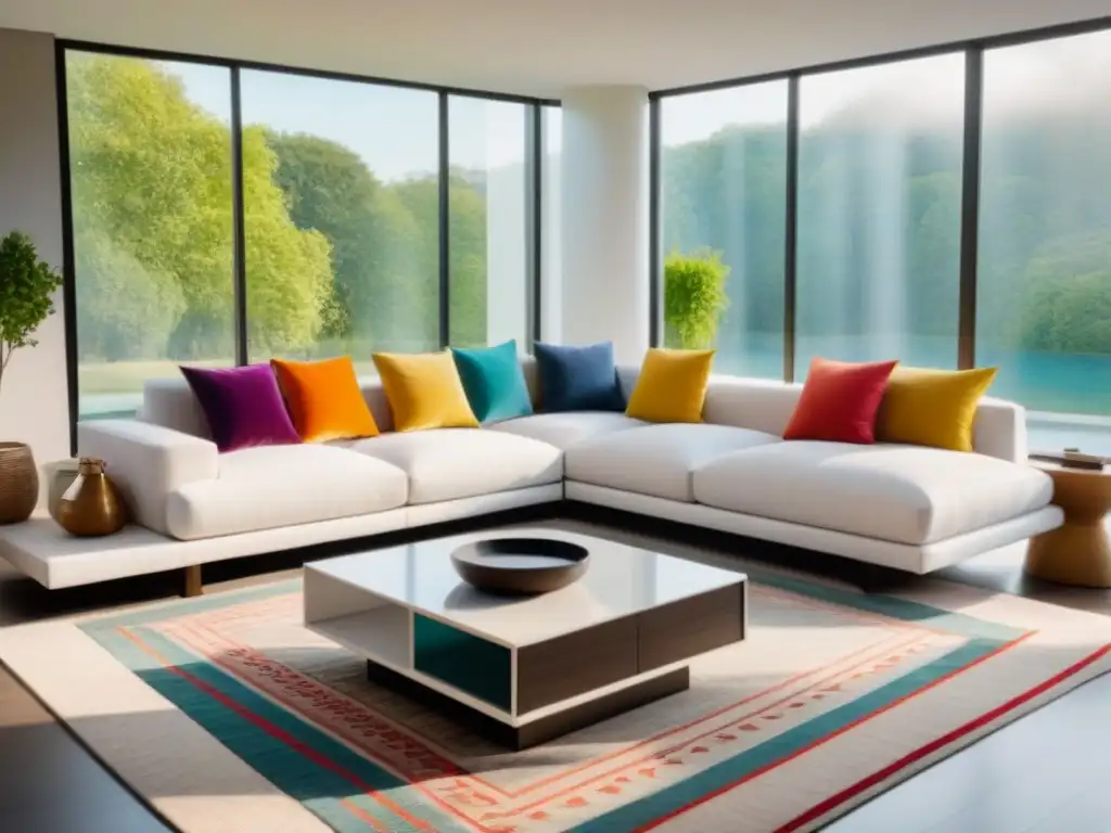 Sala de estar moderna y serena con vistas al jardín: decoración minimalista Espacioso salón moderno con vista a jardín verde, sofá blanco, mesa de centro contemporánea, alfombra geométrica