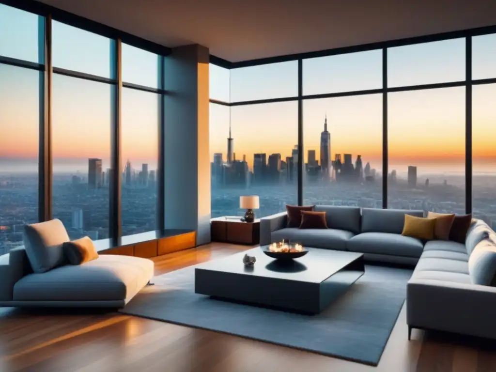 Salón moderno de lujo con vistas a la ciudad: ¿Tu puntaje crediticio es suficiente? Espacioso salón moderno con vista a la ciudad, muebles elegantes y luz natural, reflejando la importancia del puntaje de crédito