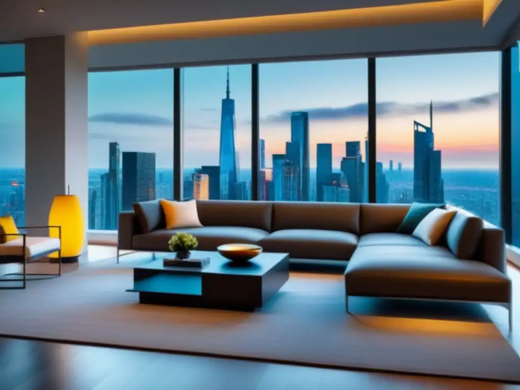 Sala de estar moderna de lujo con vista panorámica a la ciudad Espacioso salón moderno con vista panorámica de la ciudad y elegante decoración